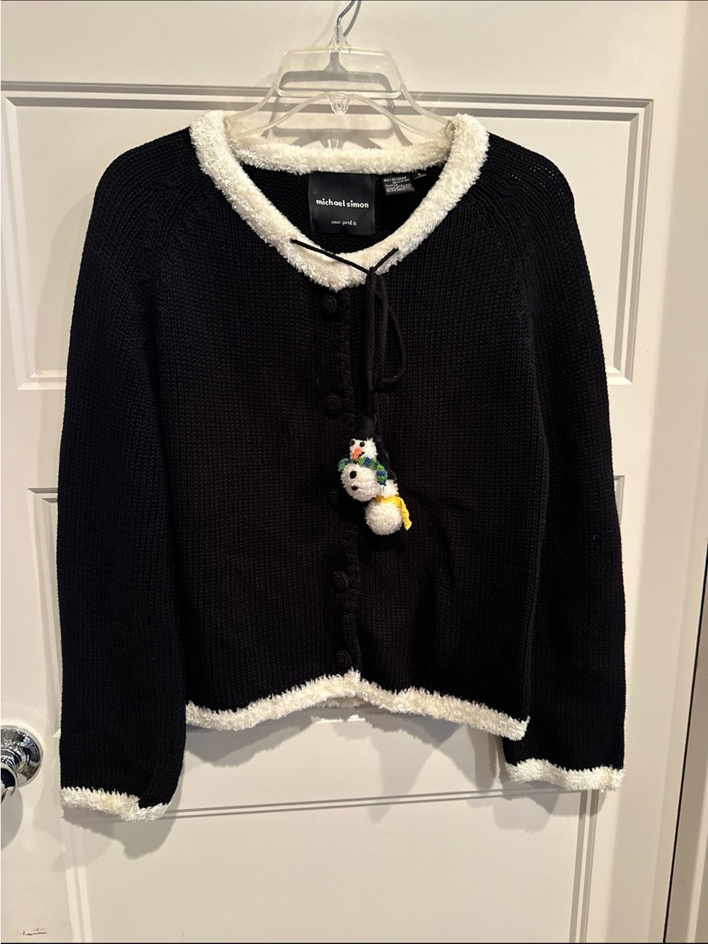 Michael Simon Black Knit Cardigan with White Fuzzy Trim and Pom Detail